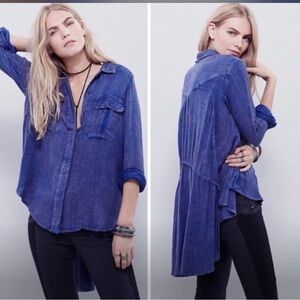 Free People "One of the Guys" blue thermal button-down tunic top